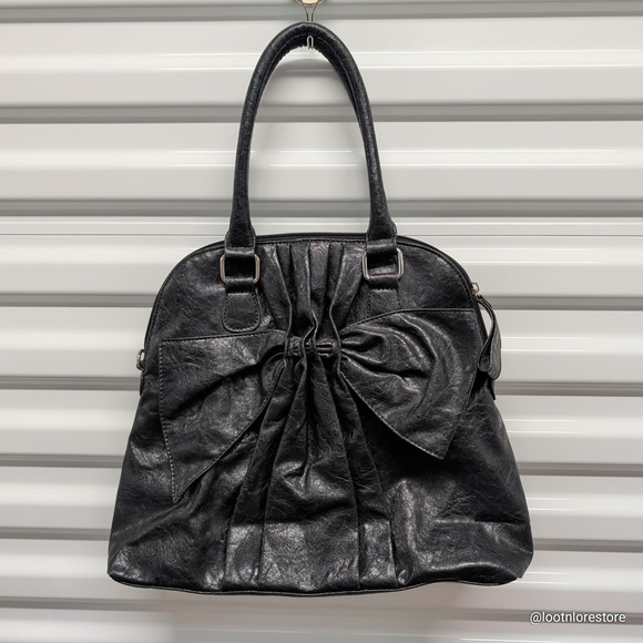 Buddha Boutique Bow Satchel Bag Black Faux Leather Large Zip Top Handbag — photo 2